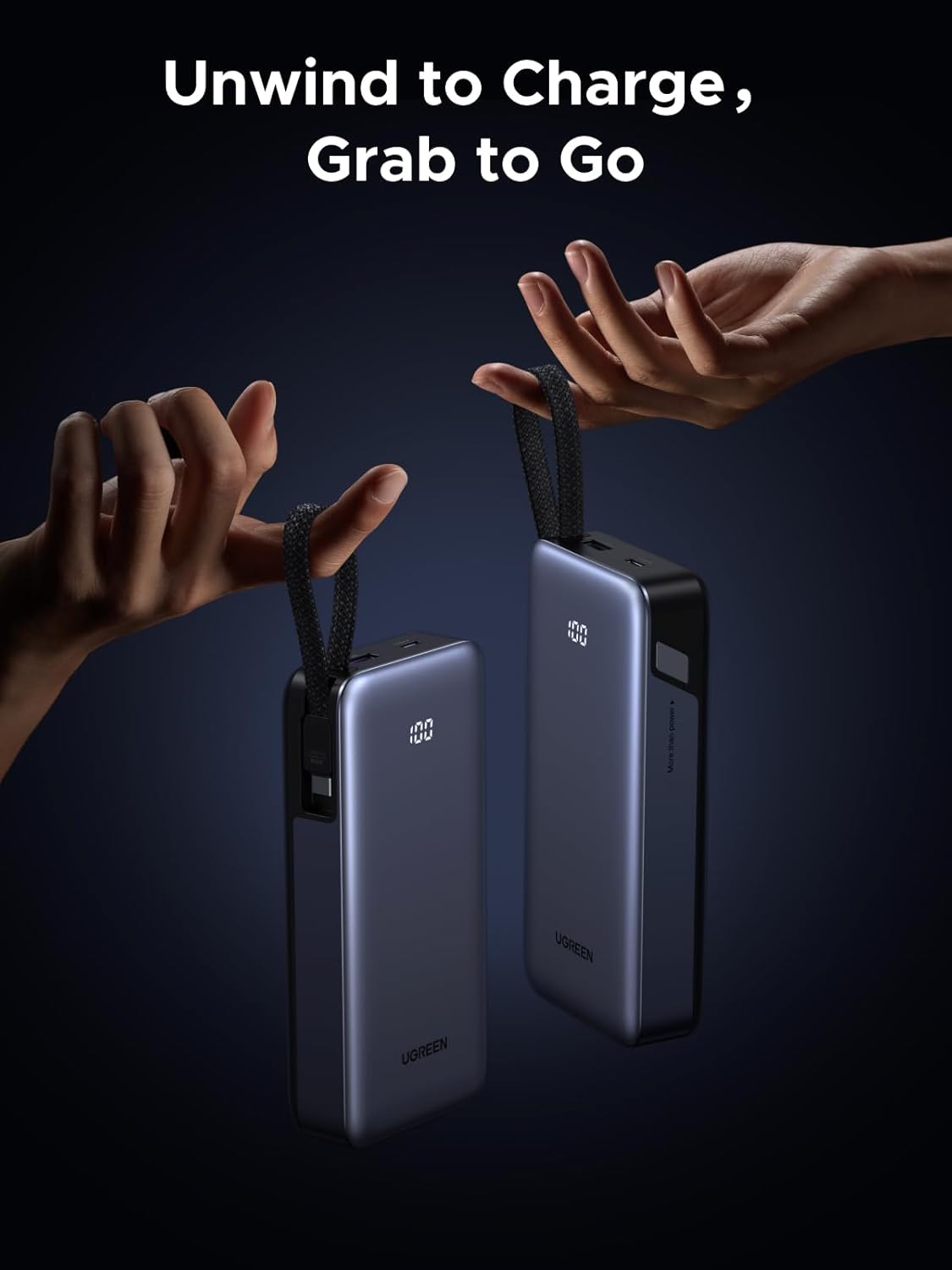 UGREEN Nexode Power Bank 20000mAh 45W with Built-in Cable, Fast Charging Portable Charger for iPhone 17 Pro/Samsung S26 Ultra/iPad Pro, 3-Port External Battery Pack with Digital Display, Travel Ready