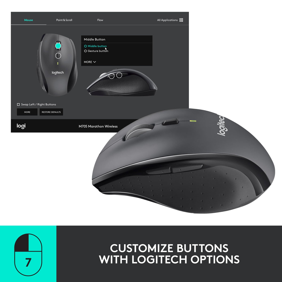 Logitech M720 Triathlon Multi-Device Wireless Mouse, Bluetooth, USB Unifying Receiver, 1000 DPI, 6 Programmable Buttons, 2-Year Battery, Compatible with Laptop, PC, Mac, iPadOS - Black