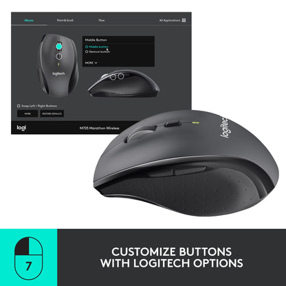 Logitech M720 Triathlon Multi-Device Wireless Mouse, Bluetooth, USB Unifying Receiver, 1000 DPI, 6 Programmable Buttons, 2-Year Battery, Compatible with Laptop, PC, Mac, iPadOS - Black