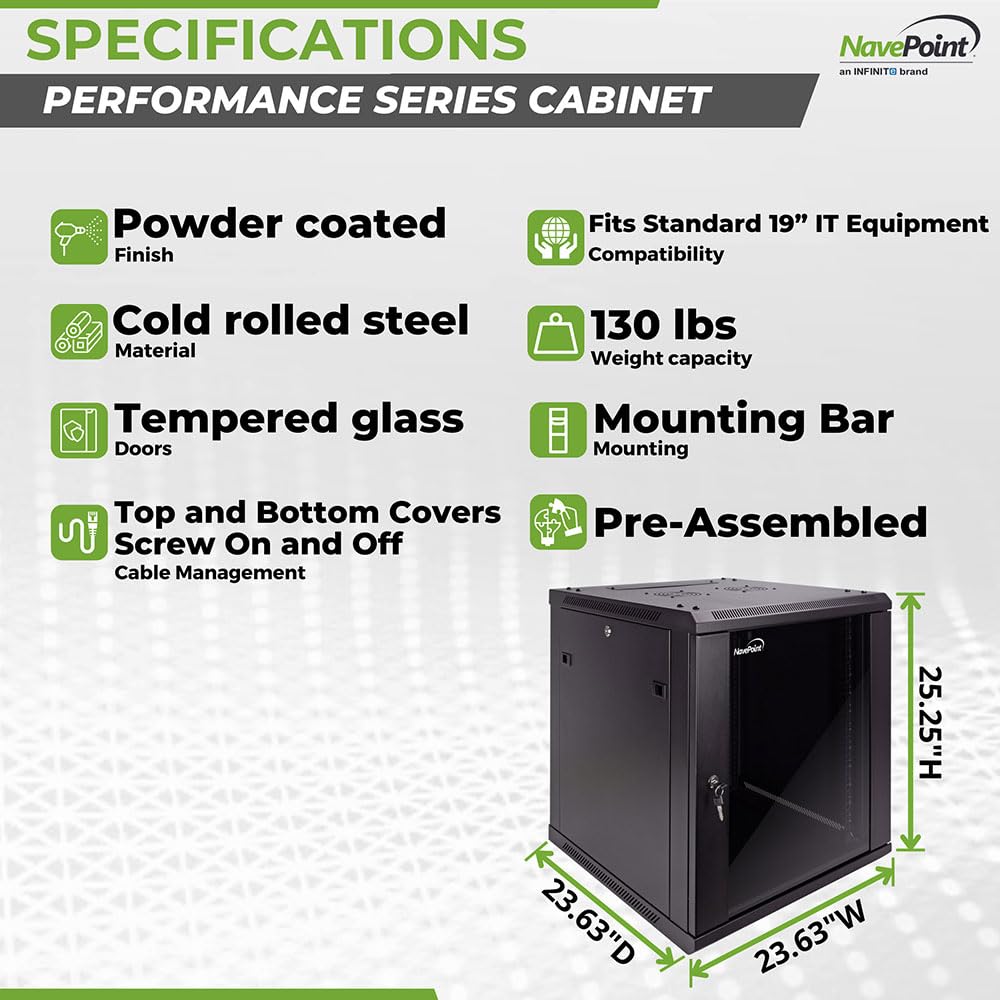 NavePoint 15U Server Cabinet Wall Mount Rack Enclosure with Caster Wheels, Includes 2 Fans, Locking Glass Door, Removable Side Panels – 15U Network Cabinet 17.7” Deep, 19”Server Rack for IT Equipment