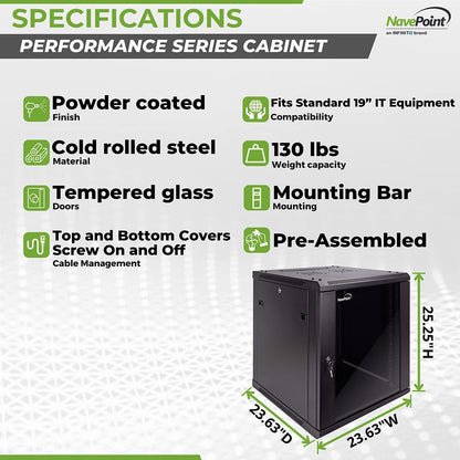 NavePoint 15U Server Cabinet Wall Mount Rack Enclosure with Caster Wheels, Includes 2 Fans, Locking Glass Door, Removable Side Panels – 15U Network Cabinet 17.7” Deep, 19”Server Rack for IT Equipment