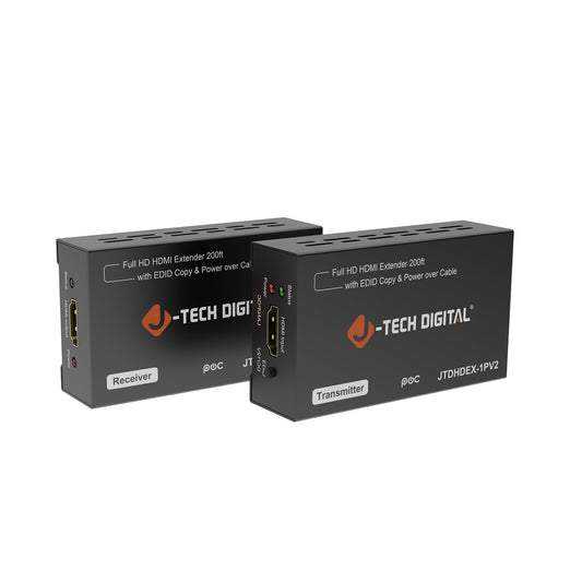 J-Tech Digital HDMI Extender over cat5e/6 1080P@200ft HDMI Balun Over Single Ethernet Supports EDID Copy Compatible with Dolby Digital DTS
