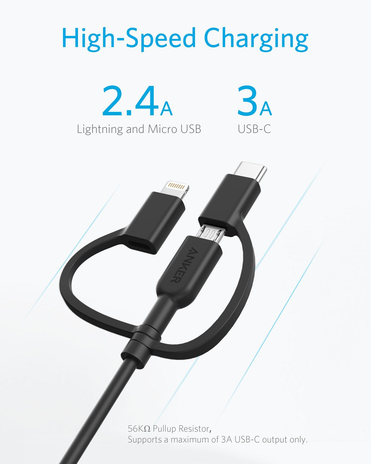 Anker Powerline II 3-in-1 Cable, Lightning/Type C/Micro USB Cable for iPhone, iPad, Huawei, HTC, LG, Samsung Galaxy, Sony Xperia, Android Smartphones, and More(3ft, White)