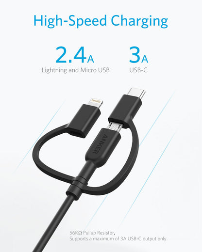 Anker Powerline II 3-in-1 Cable, Lightning/Type C/Micro USB Cable for iPhone, iPad, Huawei, HTC, LG, Samsung Galaxy, Sony Xperia, Android Smartphones, and More(3ft, White)