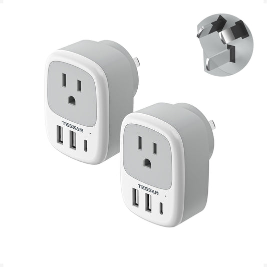 2 Pack European Travel Plug Adapter, TESSAN US to Europe Plug Adapter with 3 USB Ports (1 USB C), Type C Power Outlet for EU International Italy Iceland Spain France Germany