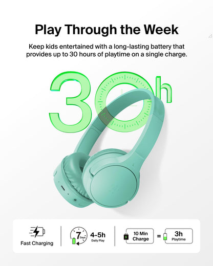 Belkin SoundForm Mini - Wireless Bluetooth Kids Headphones, 30H Battery, 85dB Safe Volume Limit, Built-in Microphone - Toddler On-Ear Earphones for iPhone, iPad - Ideal for School - Blue w/Case