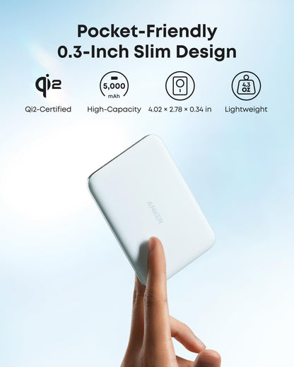 Anker Nano MagSafe Power Bank, Ultra-Slim 5,000mAh Magnetic Wireless Charging Battery, Qi2 Certified 15W Max MagSafe-Compatible Portable Charger, Ergonomic Design, for iPhone Air/17/16 Series