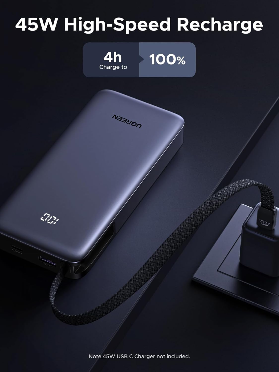 UGREEN Nexode Power Bank 20000mAh 45W with Built-in Cable, Fast Charging Portable Charger for iPhone 17 Pro/Samsung S26 Ultra/iPad Pro, 3-Port External Battery Pack with Digital Display, Travel Ready