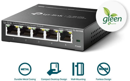 TP-Link 5-Port Gigabit Ethernet Easy Smart Switch| Plug and Play | Desktop | Sturdy Metal w/Shielded Ports | Limited Lifetime Replacement (TL-SG105E), Black…