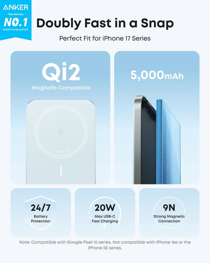 Anker Nano MagSafe Power Bank, Ultra-Slim 5,000mAh Magnetic Wireless Charging Battery, Qi2 Certified 15W Max MagSafe-Compatible Portable Charger, Ergonomic Design, for iPhone Air/17/16 Series
