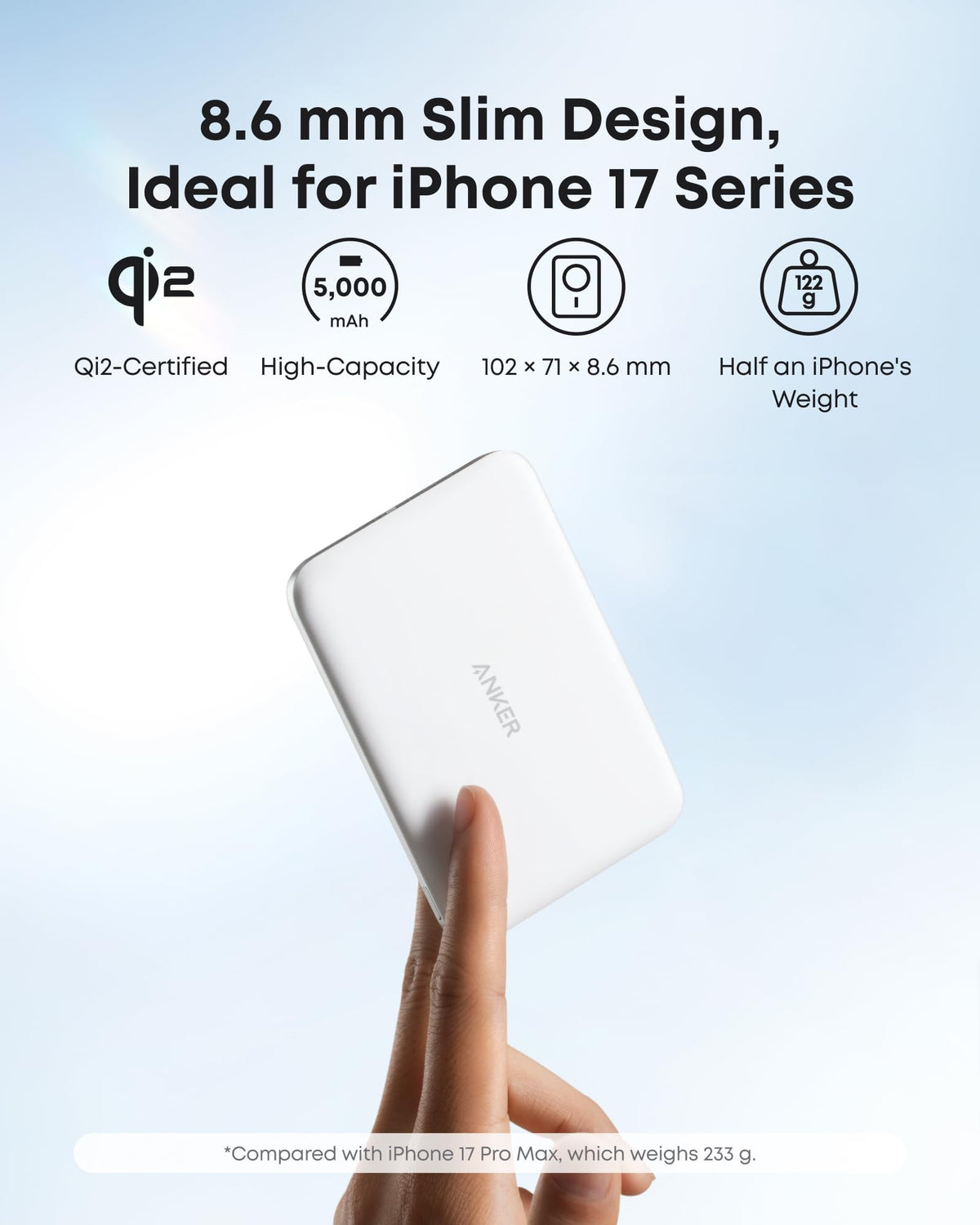 Anker Nano MagSafe Power Bank, Ultra-Slim 5,000mAh Magnetic Wireless Charging Battery, Qi2 Certified 15W Max MagSafe-Compatible Portable Charger, Ergonomic Design, for iPhone Air/17/16 Series