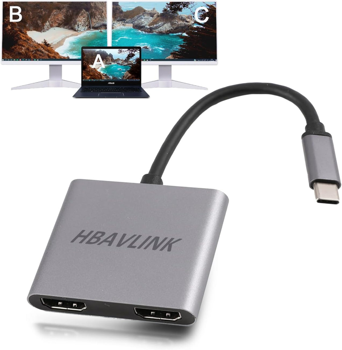 HDMI Splitter Extended Display, USB C to HDMI Dual Monitor Adapter 4K for Laptop(DP Alt Mode Required)
