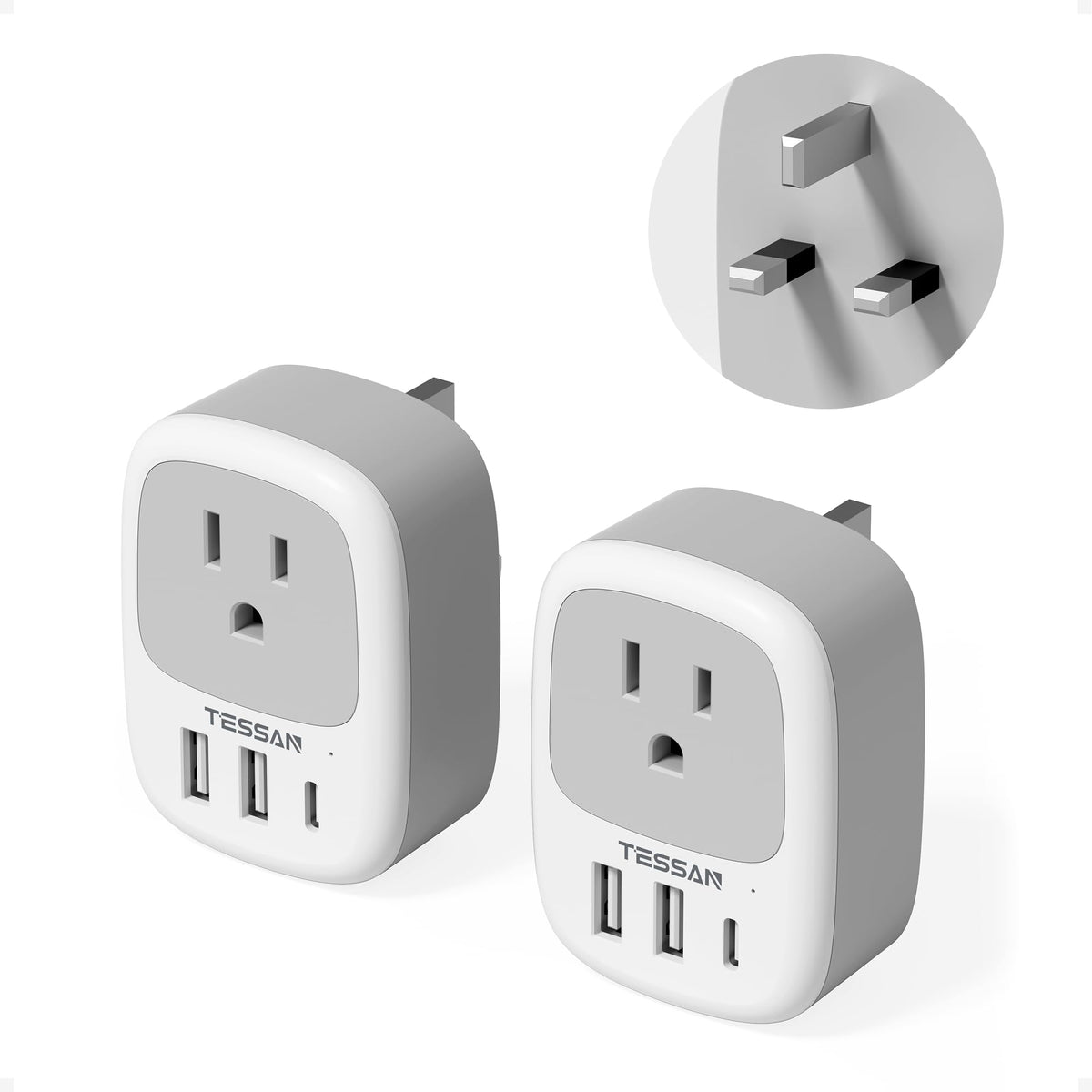 2 Pack European Travel Plug Adapter, TESSAN US to Europe Plug Adapter with 3 USB Ports (1 USB C), Type C Power Outlet for EU International Italy Iceland Spain France Germany