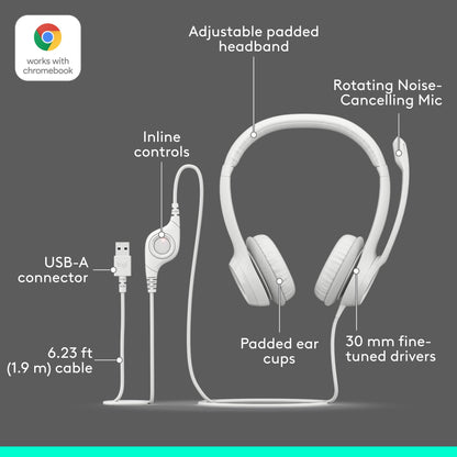 Logitech H390 Wired Headset for PC/Laptop, Stereo Headphones with Noise Cancelling Microphone, USB-A, in-Line Controls, Works with Chromebook - Black