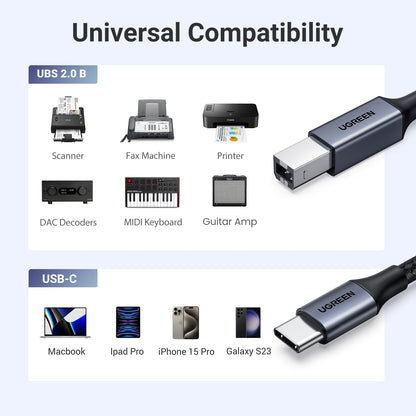 UGREEN USB B to USB C 6 FT Printer Cable, Nylon USB B to C Cord for MacBook Pro/Air, MIDI Cable Compatible with Yamaha Piano Keyboard, DAC, DJ Controller for iPad