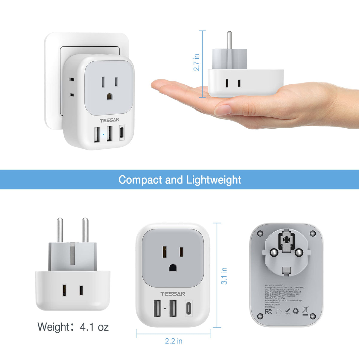 2 Pack European Plug Adapter USB C, TESSAN US to Europe Adapter 4 Outlets 3 USB Charger, Type C International Power Adaptor to Italy Spain France Portugal Iceland Germany, Europe Travel Essentials
