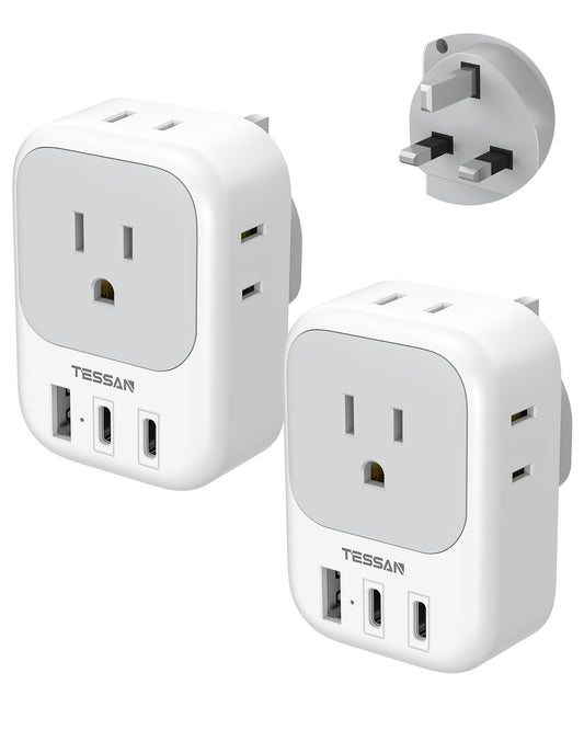 2 Pack European Travel Plug Adapter (No Voltage Conversion), TESSAN US to Europe Plug Adapter with 4 Electrical Outlets 3 USB Ports (2 USB C), Type C Power Adaptor for EU Italy Iceland Spain
