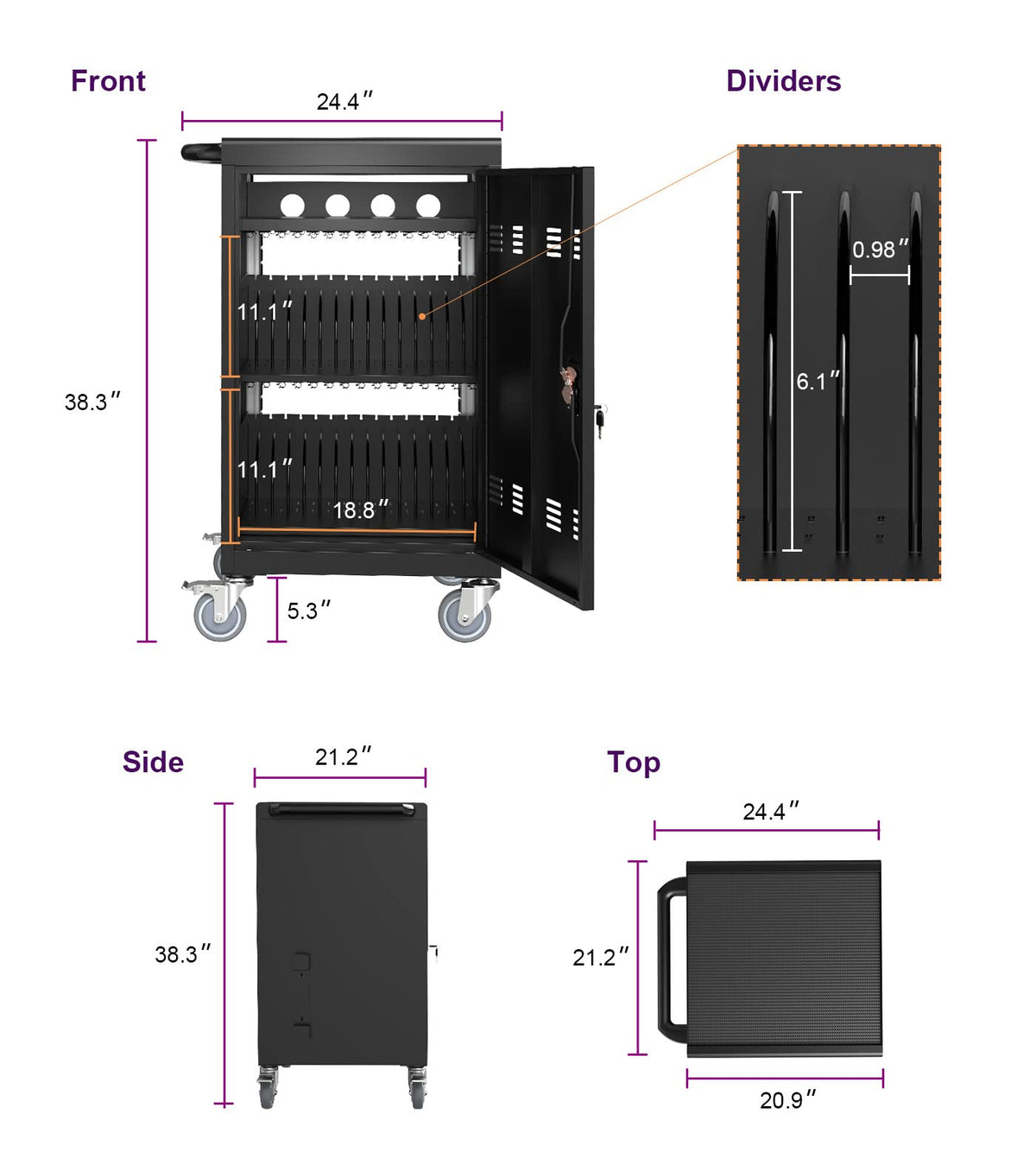 16 Devices Mobile Charging Cart for Laptop Up to 16.3-inch Screen, Charging Station and Tablet Storage Cart for iPad, Chromebooks with Cord Organizer, Black