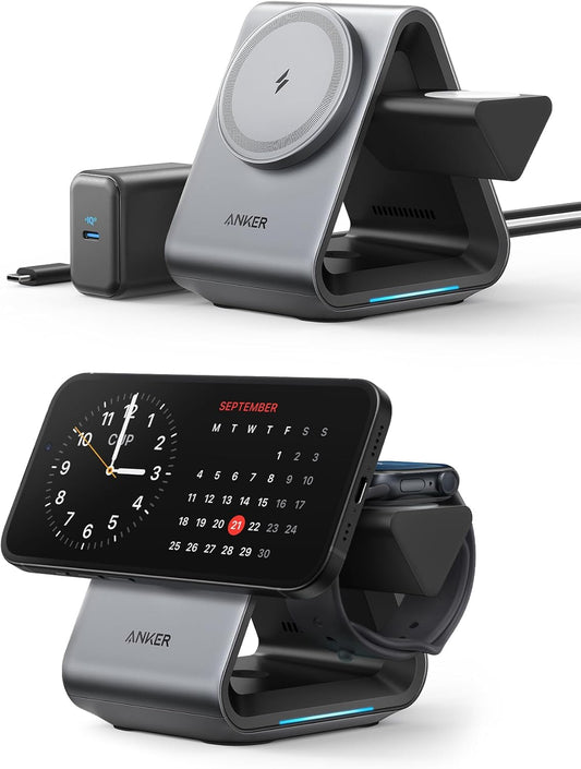 Anker MagSafe Charger Stand, 737 MagGo Charger, 3-in-1 Charging Stand with MFi-Certified 15W Max Fast Charging, iPhone 15/14/13/12 Series, Apple Watch S8/7/6, AirPods, 30W USB-C Adapter Included