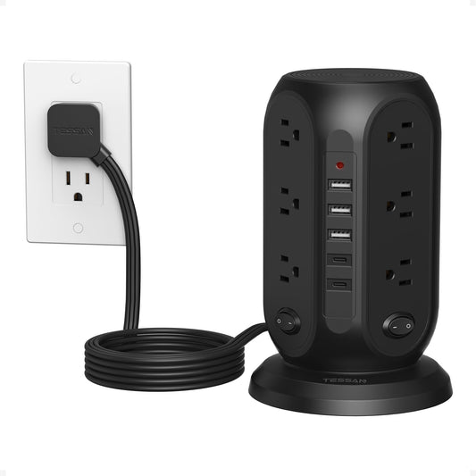 TESSAN Tower Power Strip with Individual Switches, Surge Protector with 12 Outlets, 5 USB Ports(2 USB C), Flat Extension Cord 10 Ft, 1250W, Charging Station for Multiple Devices, Office, Dorm, Grey
