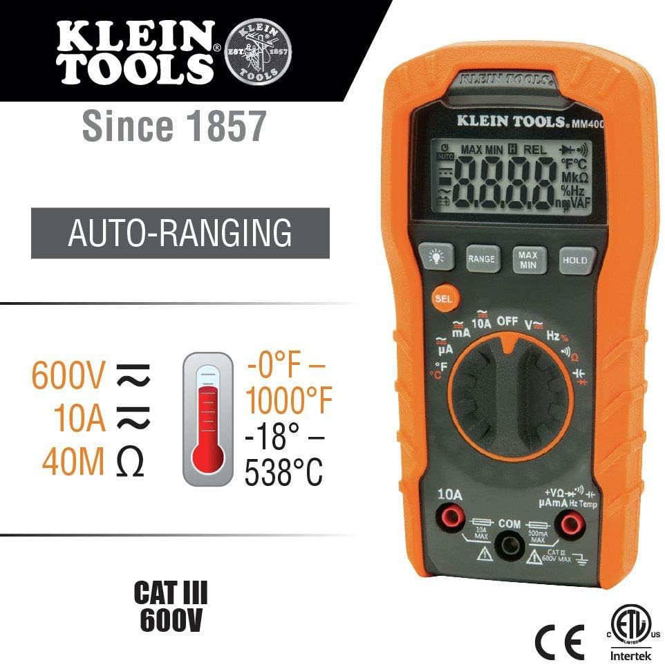 Klein Tools MM400 Multimeter, Digital Auto Ranging, AC/DC Voltage, Current, Capacitance, Frequency, Duty-Cycle, Diode, Continuity, Temp 600V