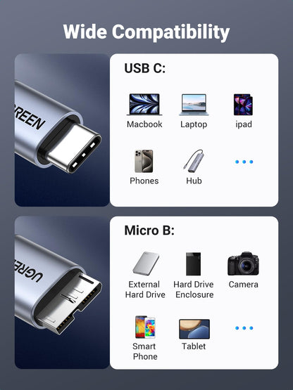 UGREEN 10 Gbps Micro B to USB C Hard Drive Cables, 1.5FT USB C to Micro B, External Hard Drive Cable Compatible with MacBook Pro/Air, iPad/Tablet, iPhone, Samsung Galaxy S24, WD Seagate etc