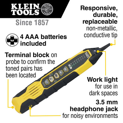Klein Tools VDV500-820 Wire Tracer Tone Generator and Probe Kit Continuity Tester for Ethernet, Telephone, Speaker, Coax, Video, and Data Cables, RJ45, RJ11, RJ12