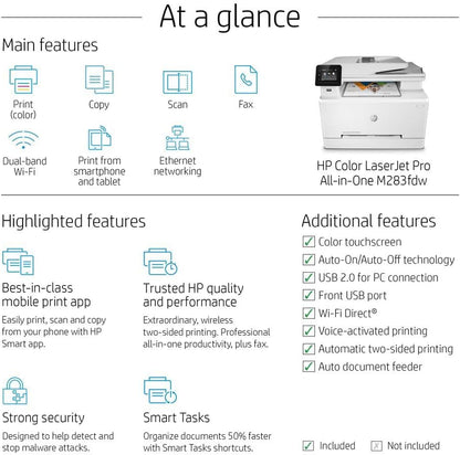 HP Color LaserJet Pro M283fdw Wireless All-in-One Laser Printer, Remote Mobile Print, Scan & Copy, Duplex Printing, Works with Alexa (7KW75A), White