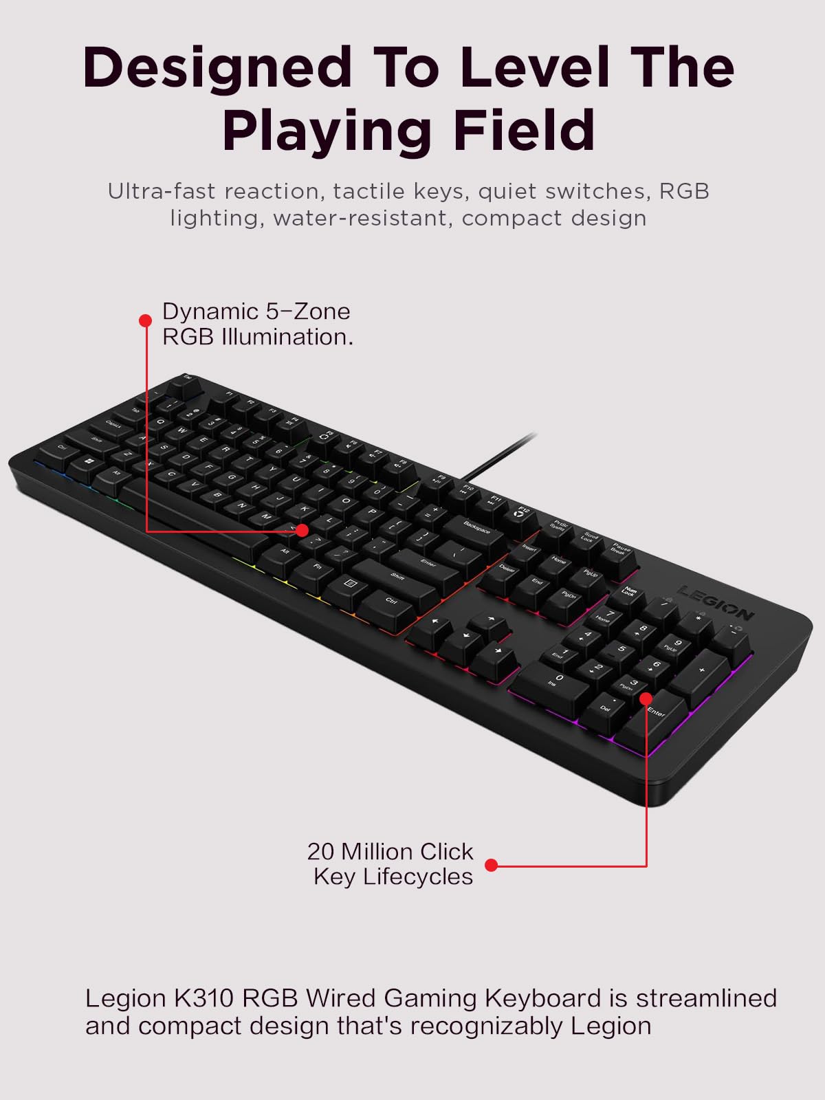 Lenovo GY40T26478 Legion K500 RGB Mechanical Gaming Keyboard, 3 ZONE Full-size Keyboard, 7 user Programmable Hot Keys; 16.8 Million Colors, 50 Million-Click Red Mechanical Keys, Detachable Palm Rest