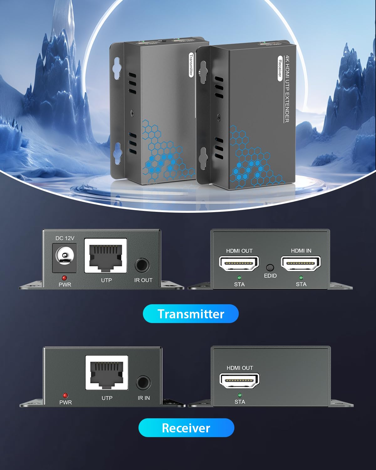 4K HDMI Extender Over Ethernet CAT5 CAT6 CAT7 Upto 230FT, with IR, Loop Out, POC, EDID, 4K@30Hz 1080P@60Hz Full HD Signal Distribution HDMI Transmitter Receiver with Holes, Easy Installation