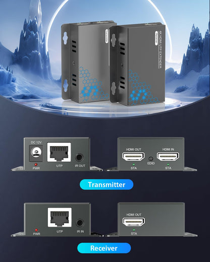 4K HDMI Extender Over Ethernet CAT5 CAT6 CAT7 Upto 230FT, with IR, Loop Out, POC, EDID, 4K@30Hz 1080P@60Hz Full HD Signal Distribution HDMI Transmitter Receiver with Holes, Easy Installation