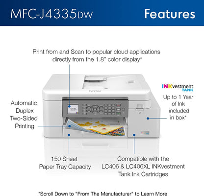 Brother INKvestment 4355 Wireless Color Inkjet All-in-One Printer with 1.8” Color Display and Manual Feed Slot | Includes Refresh Subscription Trial(1) (MFC-J4355DW)