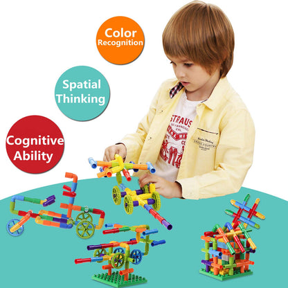 burgkidz STEM Learning Pipe Tube Construction Building Blocks, Sensory Toys with Wheels Baseplate for All Ages Kids Boys Girls, 188 Pcs