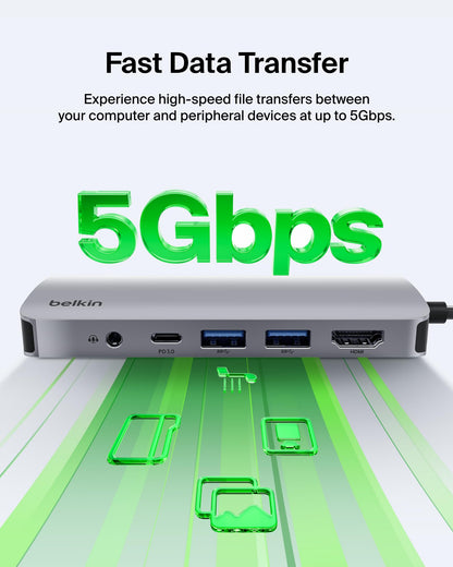 Belkin USB C Hub, 4-in-1 Multi-Port Laptop Dock with 4K HDMI, USB C Docking Station with 100 Watt Pass-Through Power Delivery, 2 X USB A Ports For MacBook Pro, Air, iPad Pro, Chromebook and More