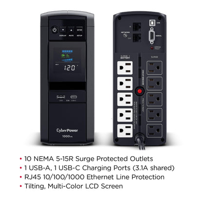 CyberPower CP1500PFCLCD PFC Sinewave UPS Battery Backup and Surge Protector, 1500VA/1000W, 12 Outlets, AVR, Mini Tower, UL Certified