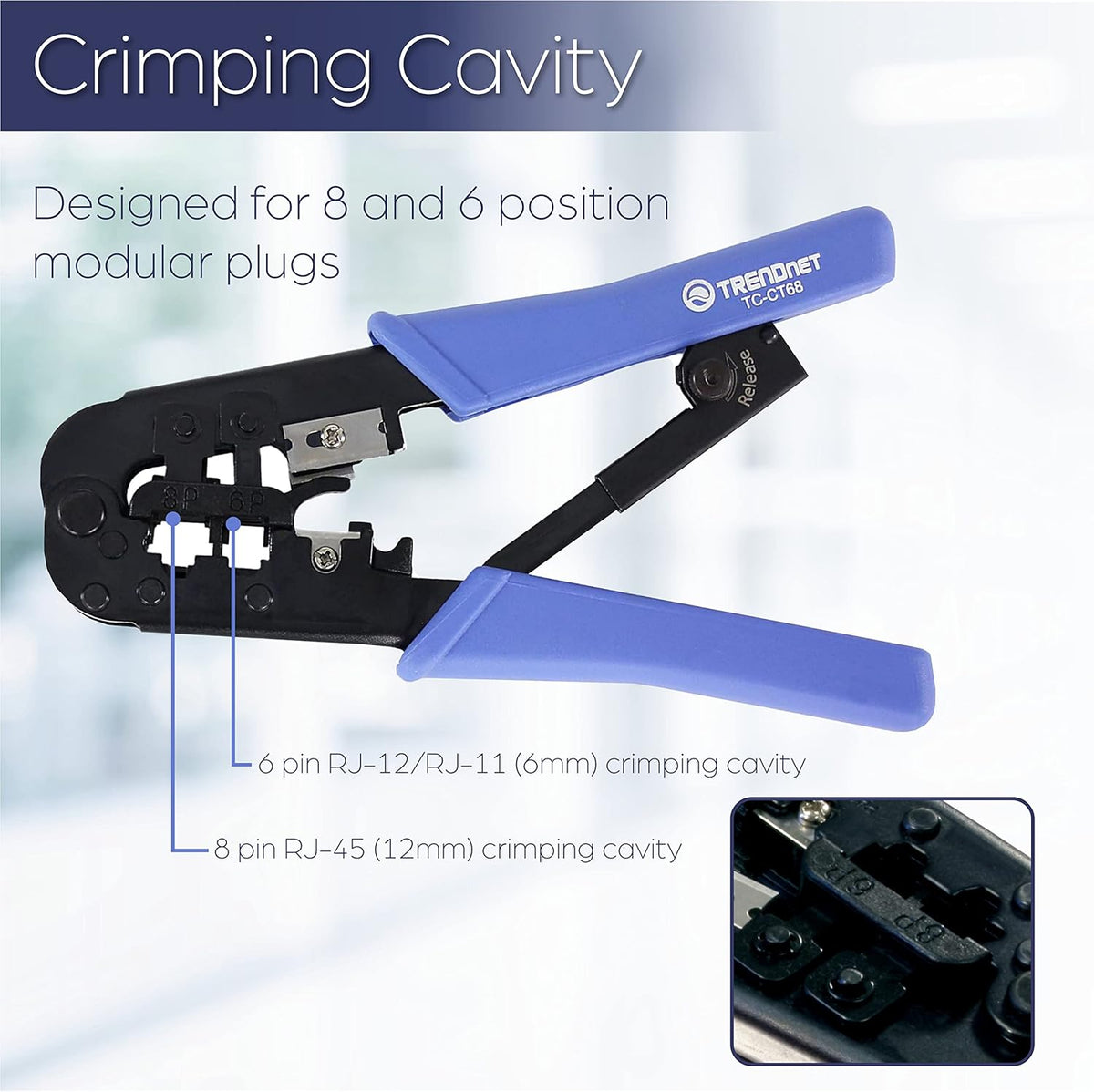 TRENDnet Crimping Tool, TC-CT68, Crimp, Cut, & Strip Cable for 8 and 6 Position Modular Plugs, Built-In Cutter and Stripper, NDAA + TAA Compliant, 8P-RJ-45, 6P-RJ-12, RJ-11, Steel Construction, Black