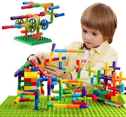 burgkidz STEM Learning Pipe Tube Construction Building Blocks, Sensory Toys with Wheels Baseplate for All Ages Kids Boys Girls, 188 Pcs