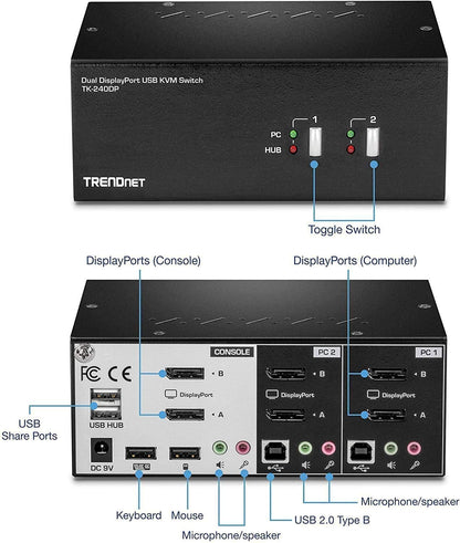 TRENDnet 2-Port 4K Dual Monitor DisplayPort KVM Switch with Audio, TK-240DP, 2560 x 1440 @ 144Hz, 2-Port USB 2.0 Hub, Connect Two Monitors, NDAA + TAA Compliant, Black