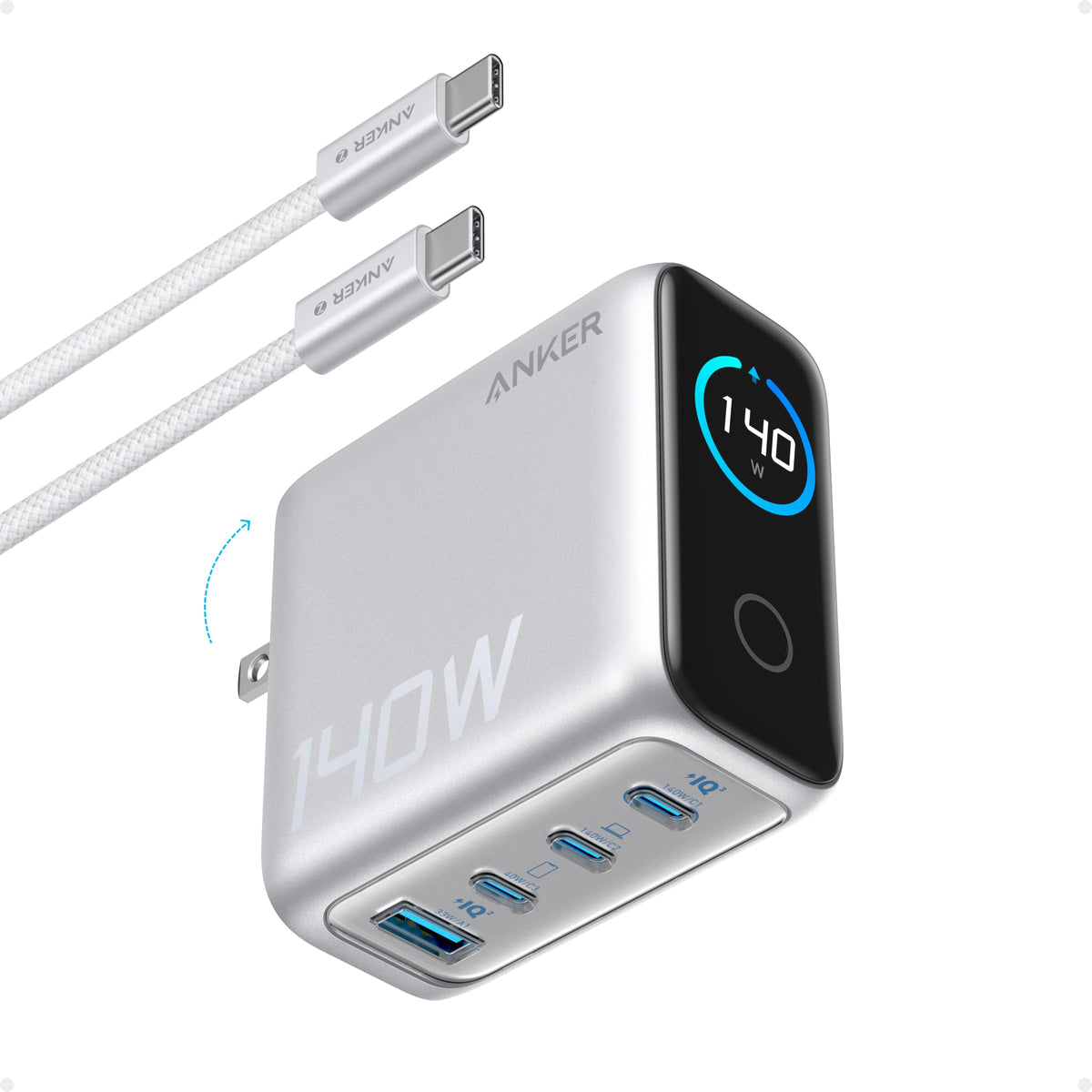 Anker MacBook Charger,140W Max 4-Port GaN USB C Charger Block with Smart Display,Fast Charger USB C Power Adapter,Touch Controls for MacBook,iPad,iPhone 17/16 Series (Include 5FT Cable,Non-Battery)