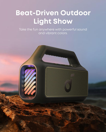 Soundcore Boom 2 By Anker, Outdoor Speaker, 80W, Subwoofer, BassUp 2.0, 24H Playtime, IPX7 Waterproof, Floatable, RGB Lights, USB-C, Custom EQ, Portable for Camping and Beach - Black