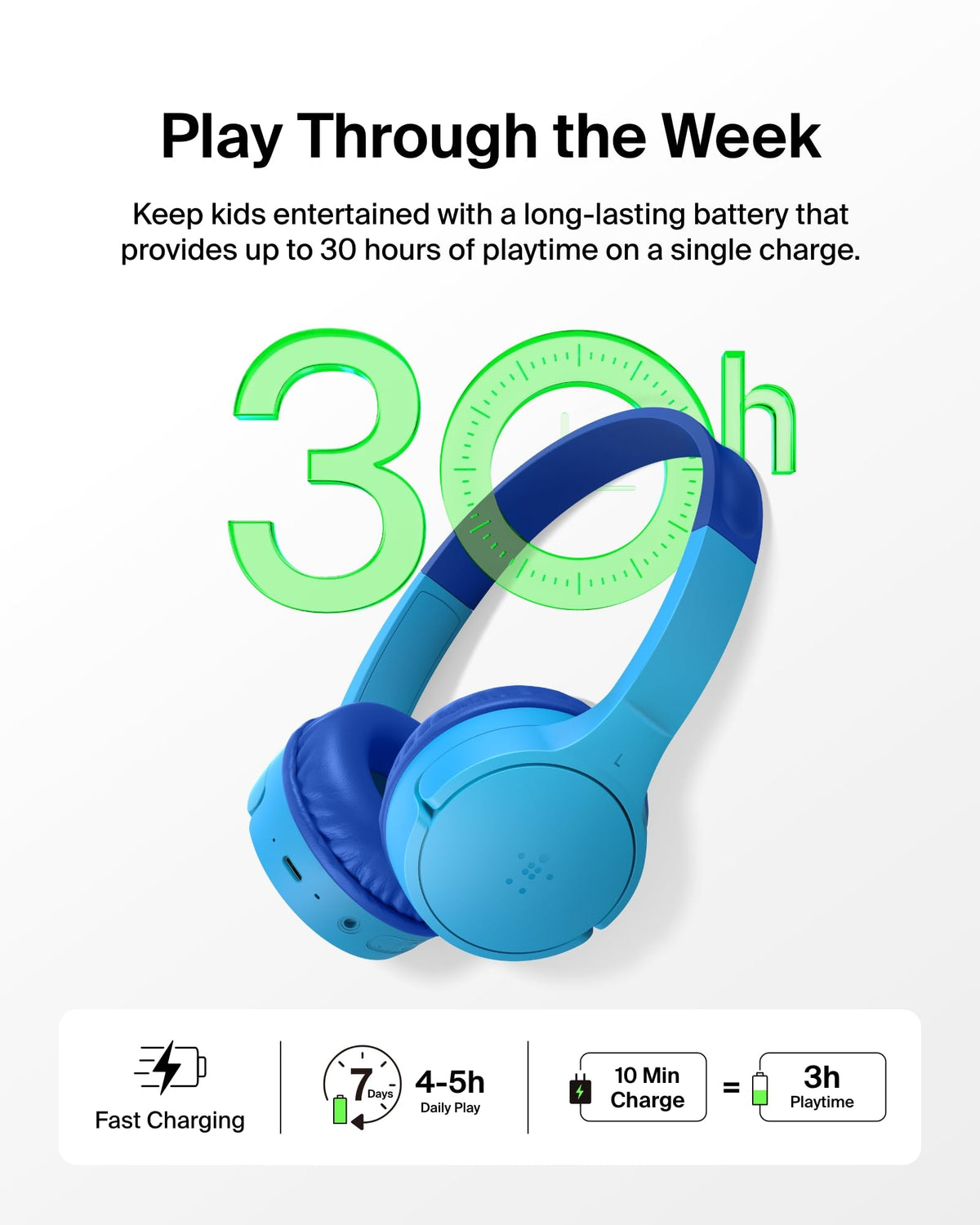 Belkin SoundForm Mini - Wireless Bluetooth Kids Headphones, 30H Battery, 85dB Safe Volume Limit, Built-in Microphone - Toddler On-Ear Earphones for iPhone, iPad - Ideal for School - Blue w/Case