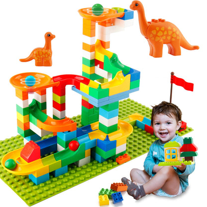 Marble Run Building Blocks for Kids Ages 3+ | 121-Piece Dinosaur STEM Toy with 6 Dinosaurs & 2 Baseplates | Durable Construction Set with Step-by-Step Guide