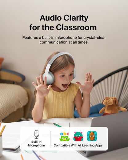 Belkin SoundForm Mini - Wireless Bluetooth Kids Headphones, 30H Battery, 85dB Safe Volume Limit, Built-in Microphone - Toddler On-Ear Earphones for iPhone, iPad - Ideal for School - Blue w/Case