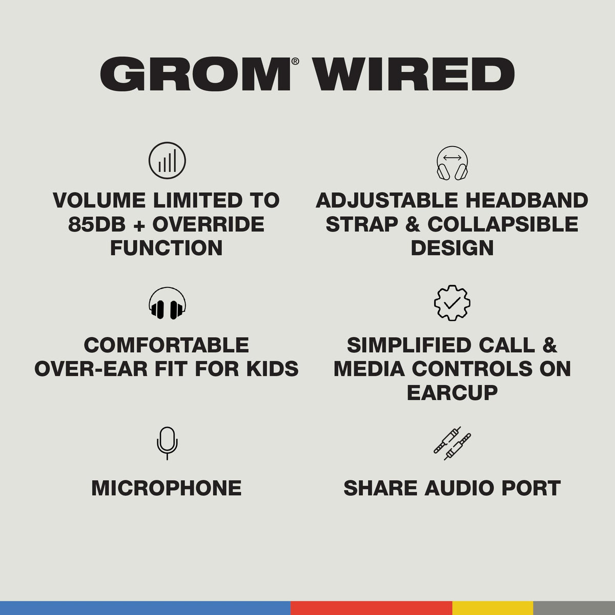 Skullcandy Grom Wireless Headphones, Volume-Limiting Audio, Comfortable Over-Ear Fit, Designed for Kids 6+, Up to 45 Hours Battery, Backup 3.5mm AUX Cable Included with Built-in Microphone - Black
