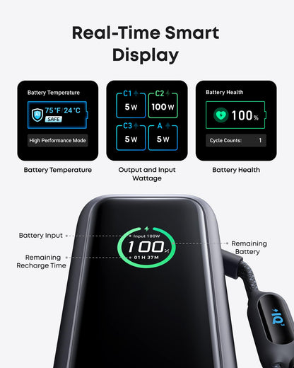 Anker Laptop Power Bank, 25,000mAh Portable Charger with Triple 100W USB-C Ports, Built-in Retractable Cables, Flight-Approved for Travel, iPhone 17/16 Series, MacBook, Samsung, and More