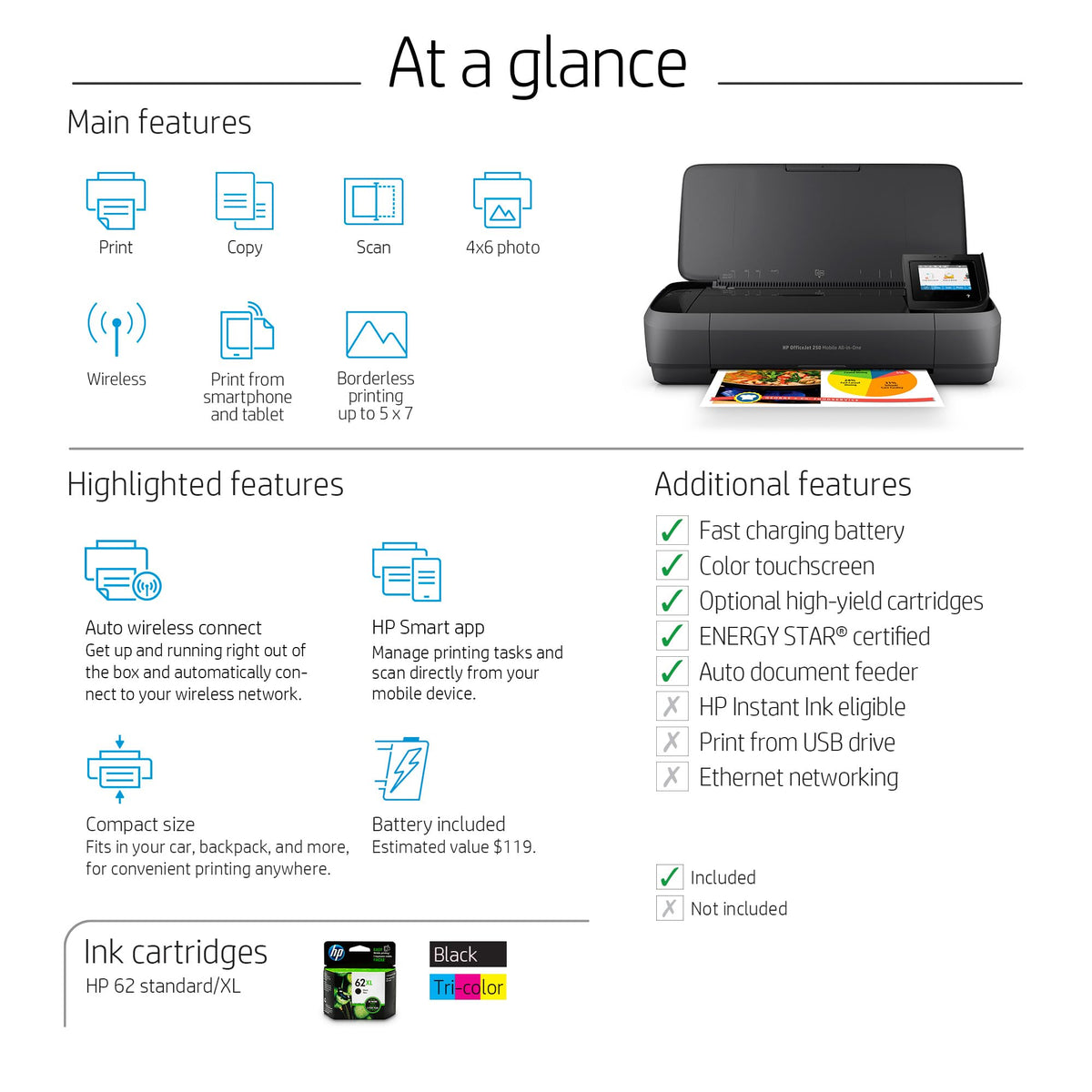 HP OfficeJet 250 Wireless Mobile Printer, Scanner, Copier - Black, Battery Included (CZ992A)