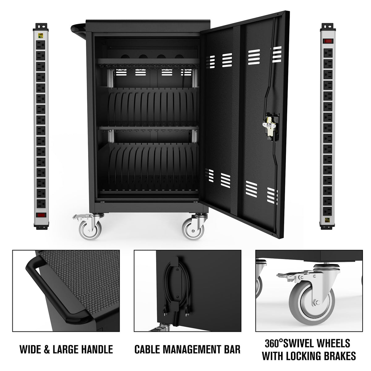 30 Device Mobile Laptop Charging Cart for Laptop Computers Chromebook Fast Charging & Secure Storage (16.3in Screen Size), Ideal for School, Library, Hospital - Black