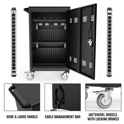 30 Device Mobile Laptop Charging Cart for Laptop Computers Chromebook Fast Charging & Secure Storage (16.3in Screen Size), Ideal for School, Library, Hospital - Black