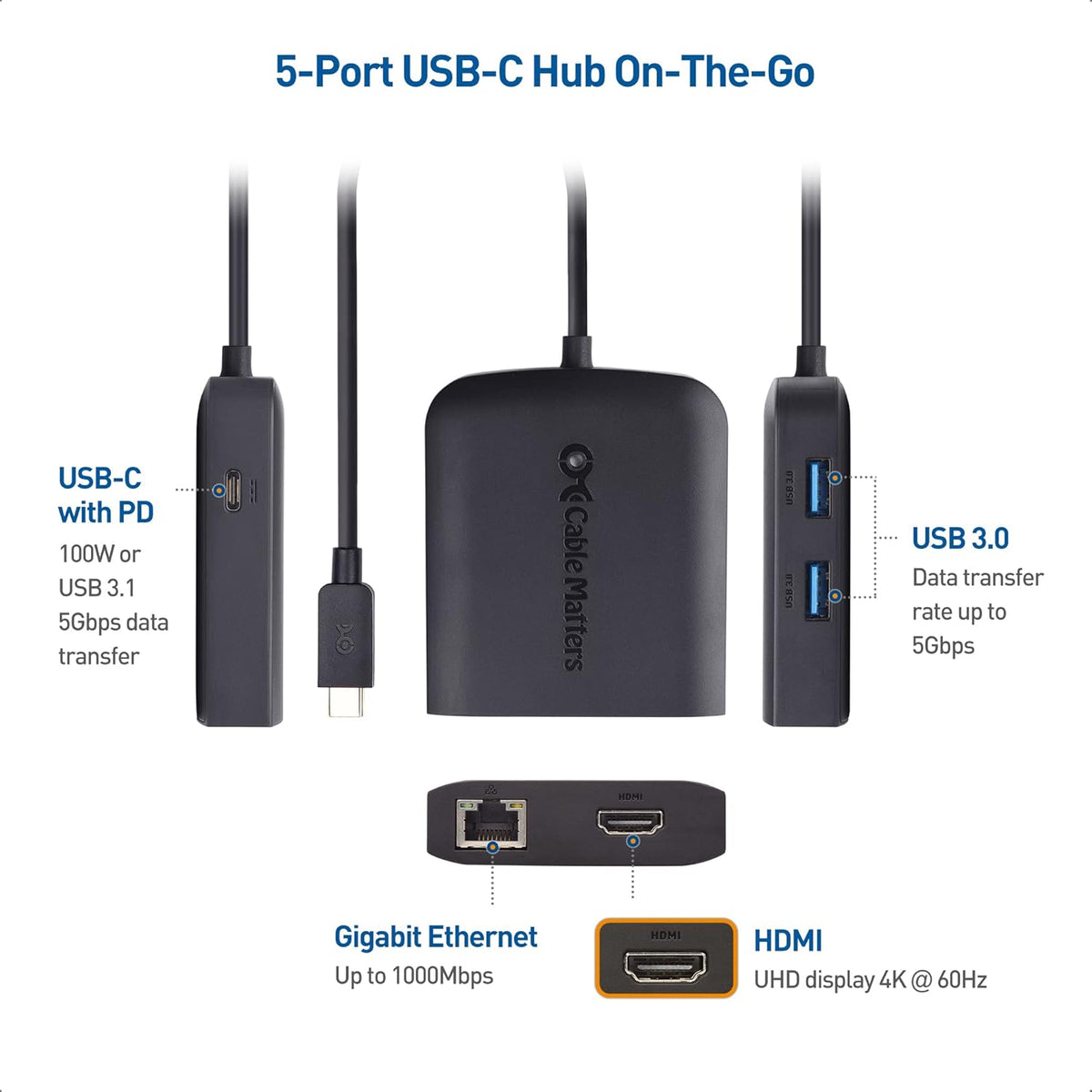 Cable Matters USB C Hub with HDMI 4K@60Hz, 100W Charging, Gigabit Ethernet, and 3X USB in Black - USBC and Thunderbolt 4 / USB4 / Thunderbolt 3 Port Compatible with Surface Pro, MacBook Pro, Dell XPS