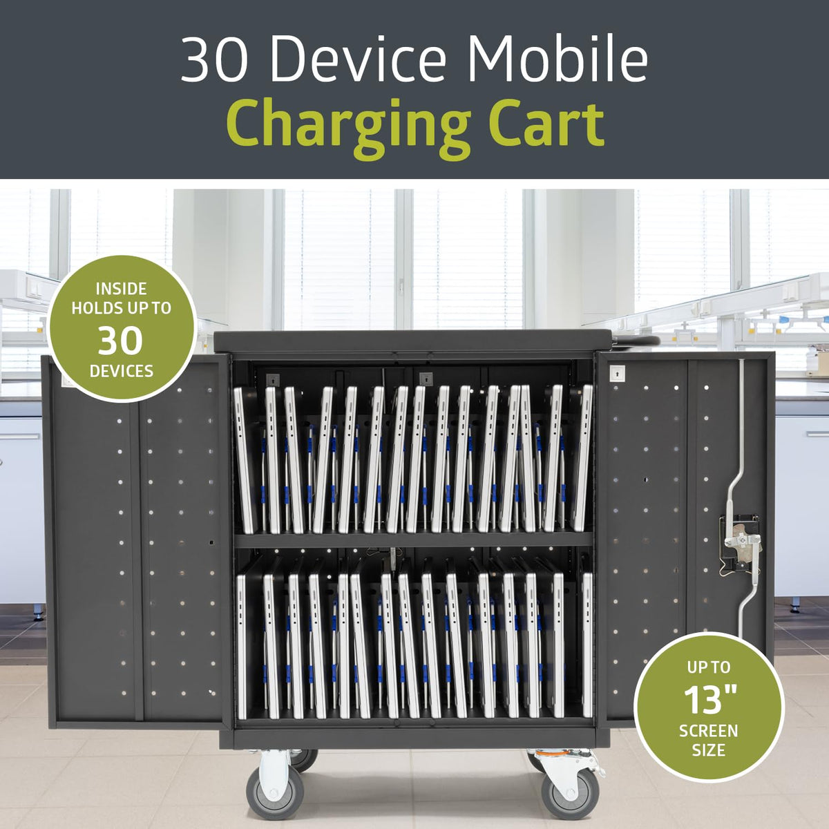 Pearington 32 Device Mobile Charging and Storage Cart for iPads, Chromebooks and Laptop Computers, Up to 13-inch Screen Size, Surge Protection, Front & Back Access Locking Cabinet